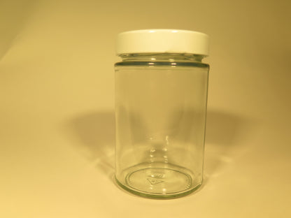 Dybt rundt glas 335 ml med 66 mm hvid låg