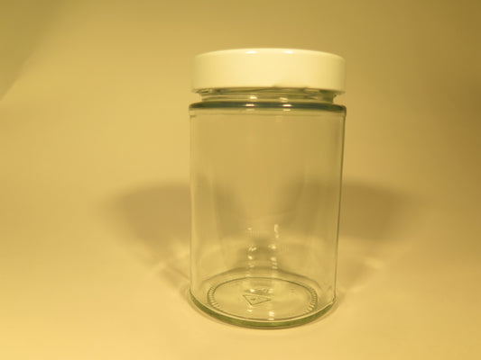 Dybt rundt glas 335 ml med 66 mm hvid låg
