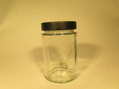 Dybt rundt glas 335 ml med 66 mm mat sort låg