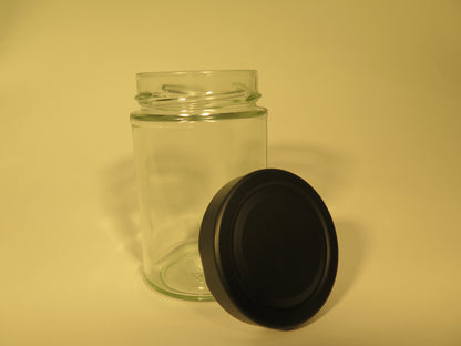 Dybt rundt glas 335 ml med 66 mm mat sort låg