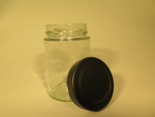 Dybt rundt glas 335 ml med 66 mm mat sort låg